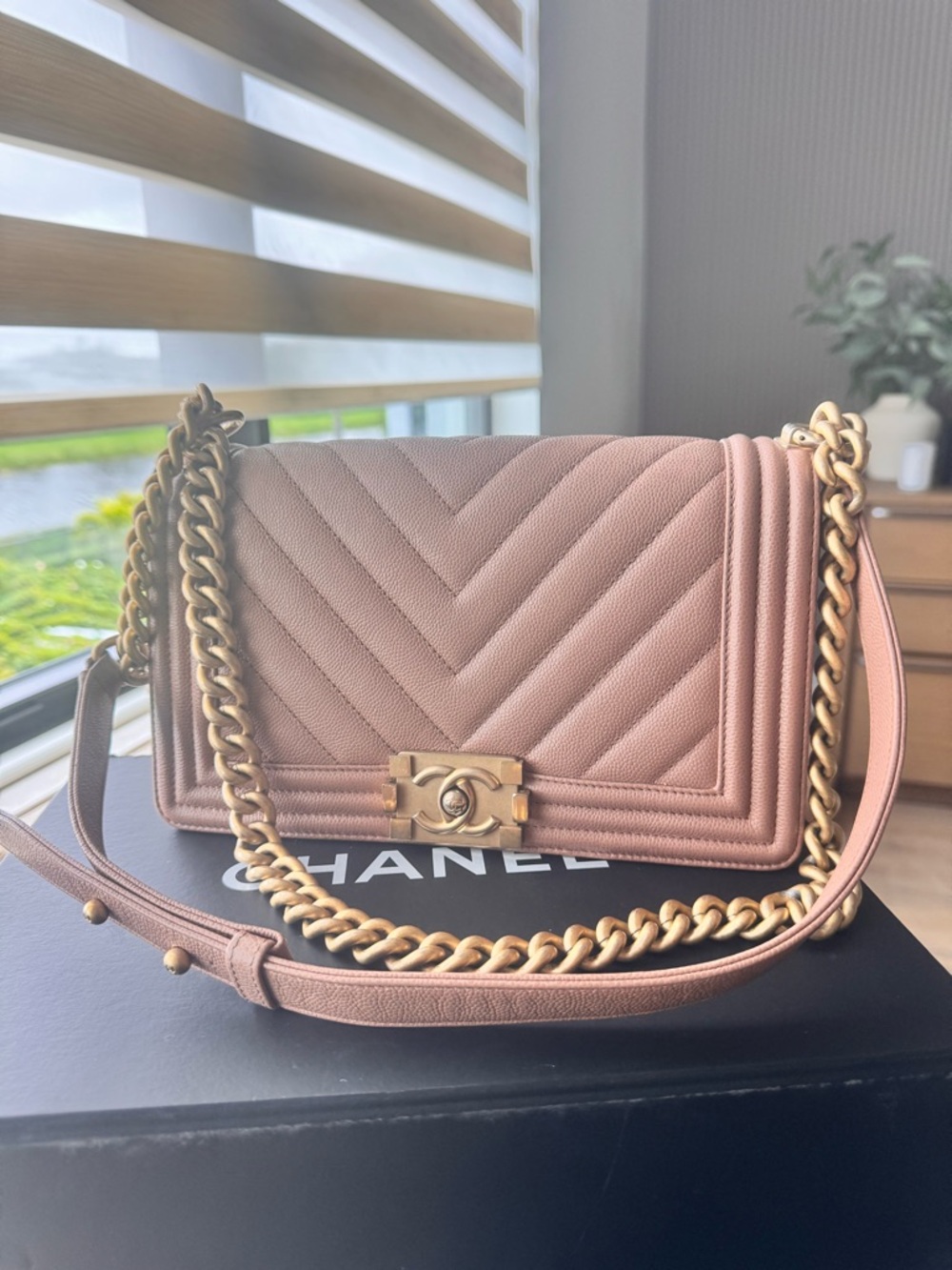 CHANEL Chevron Quilted Caviar Boy  Bag in Nude with Gold Hardware. FULL SET